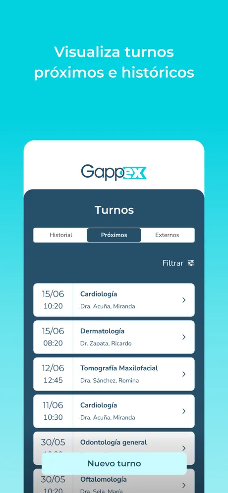 Gappex - Vista de turnos próximos e históricos